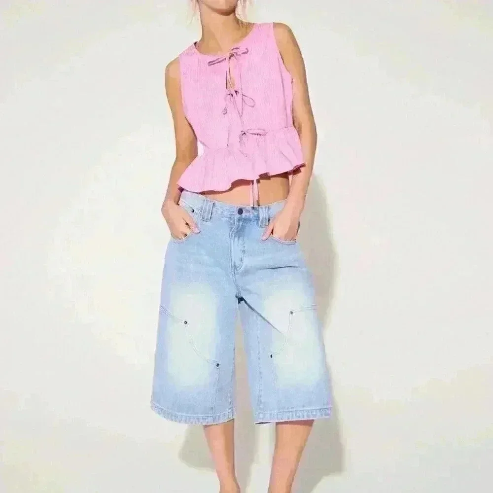 Pink Cute Women's Westfade Striped Tie Summer Front Bow Top - Picture 6 of 6